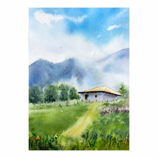 نقاشی آبرنگ طبیعت شمال ایران
